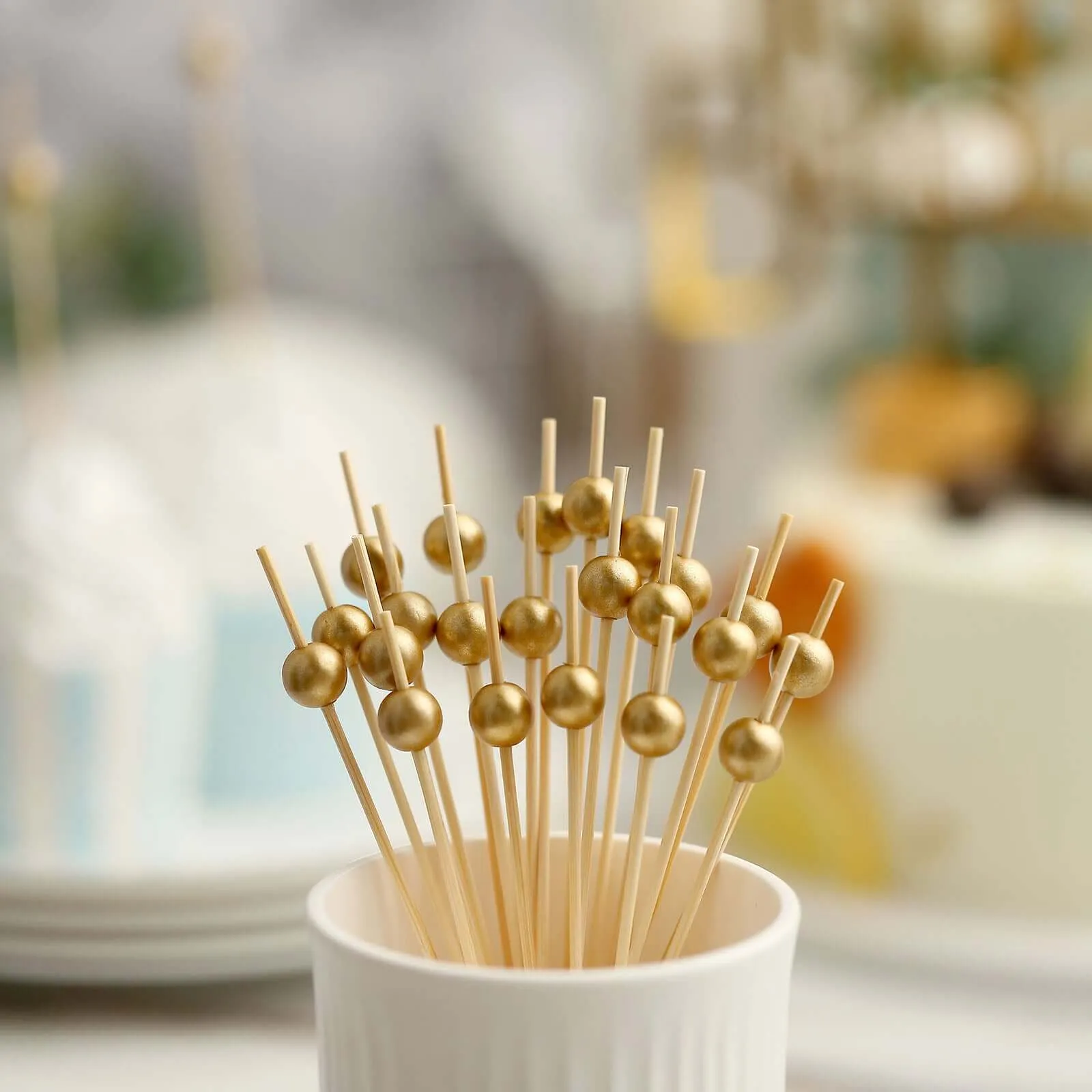 100 Pack 4.5" Gold Pearl Bamboo Skewers Cocktail Picks, Stir Sticks, Eco Friendly