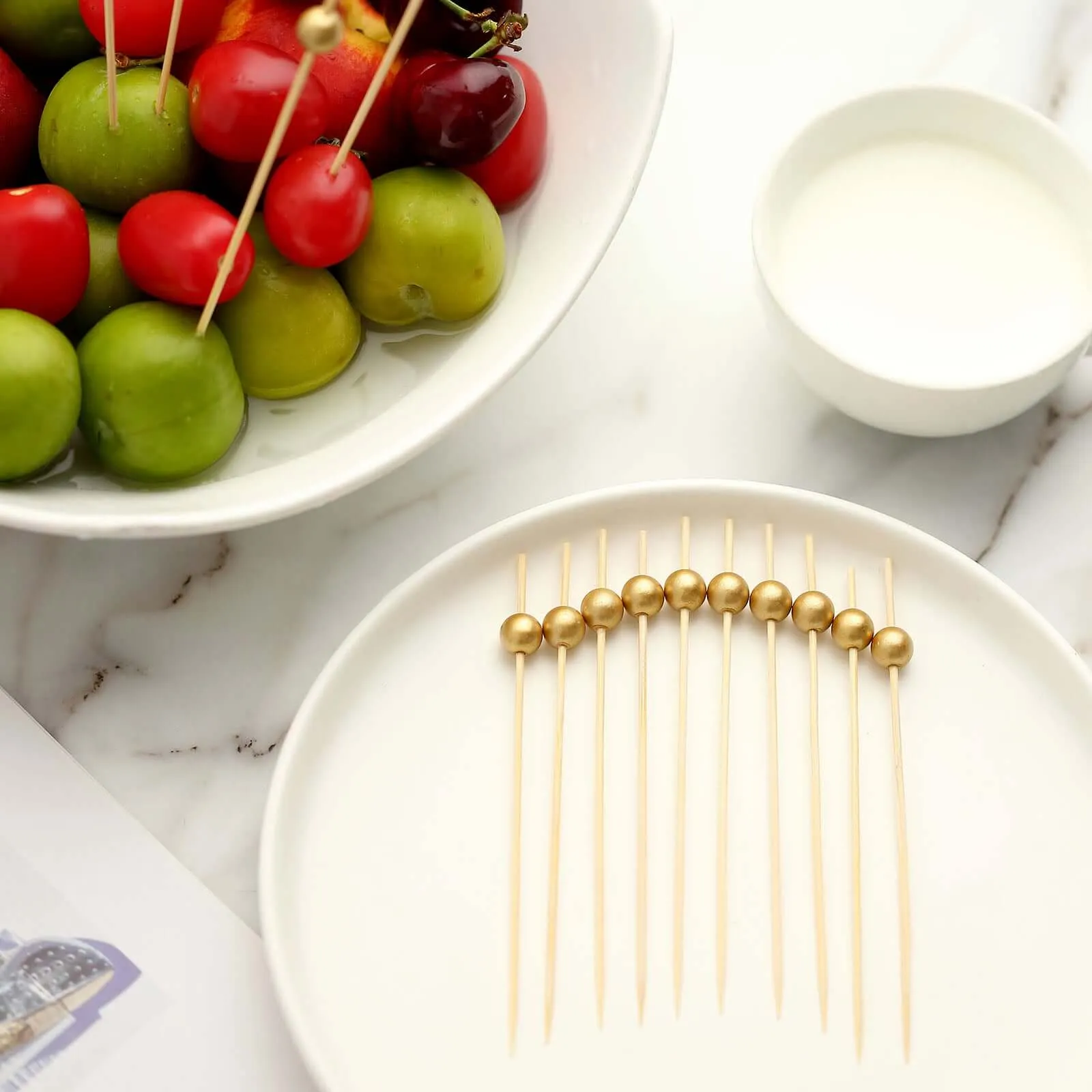 100 Pack 4.5" Gold Pearl Bamboo Skewers Cocktail Picks, Stir Sticks, Eco Friendly