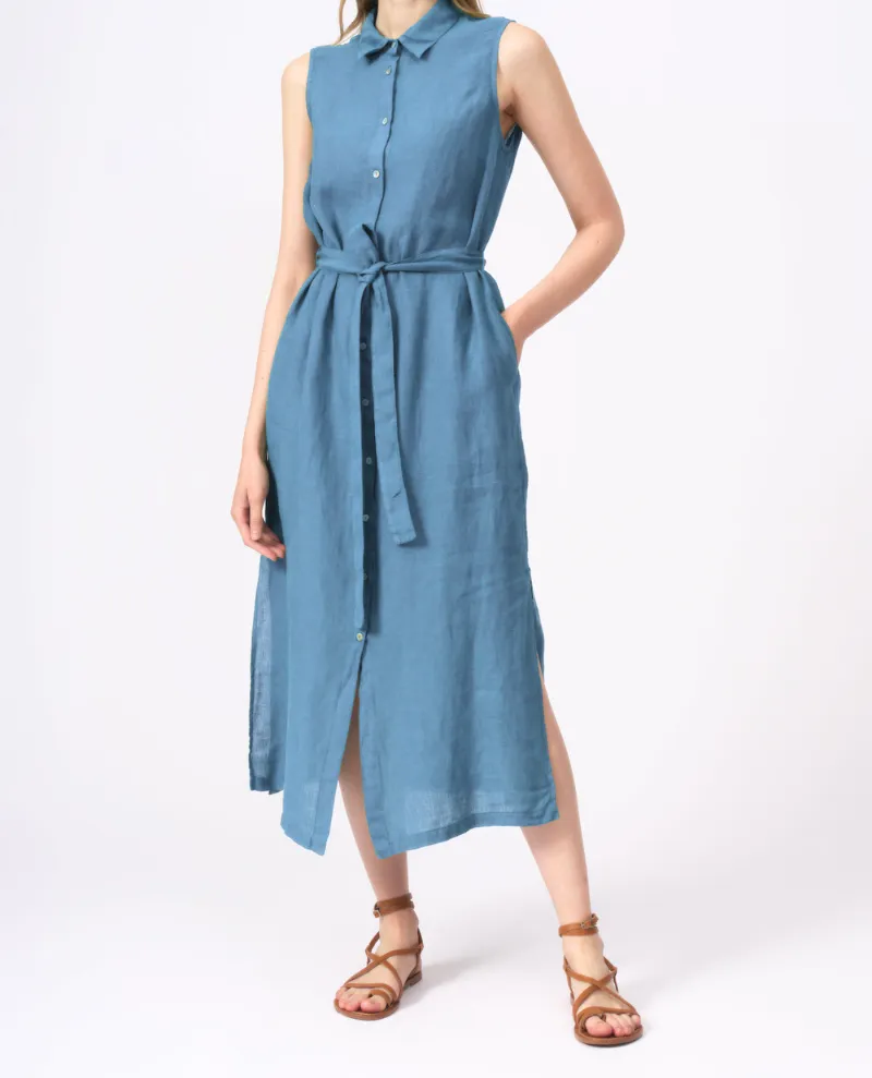 120% Lino Delft Blue Belted Dress