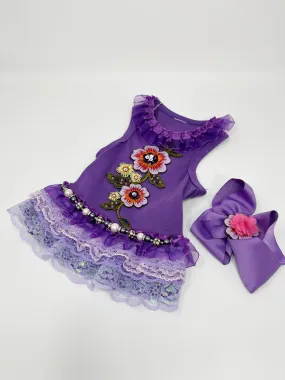 137  Purple Knit Dress with Embellishments, Lace Skirt and Hair Bow. Size XXS