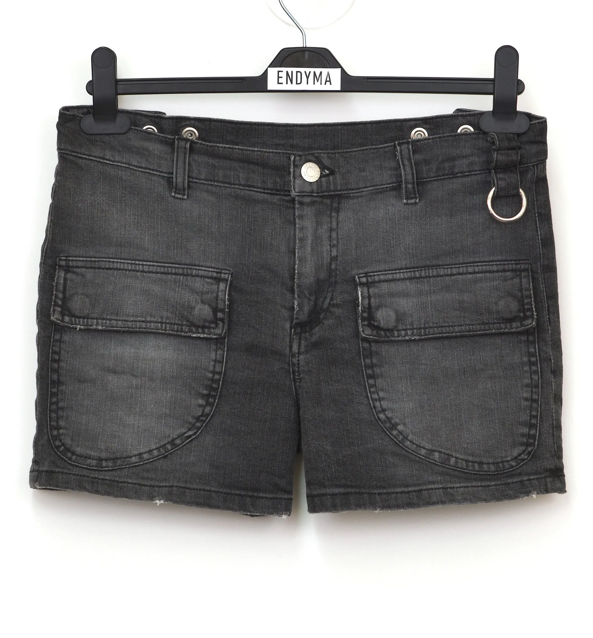 2005 Vintage Sanded Broken Denim Military Shorts with Metal Detail