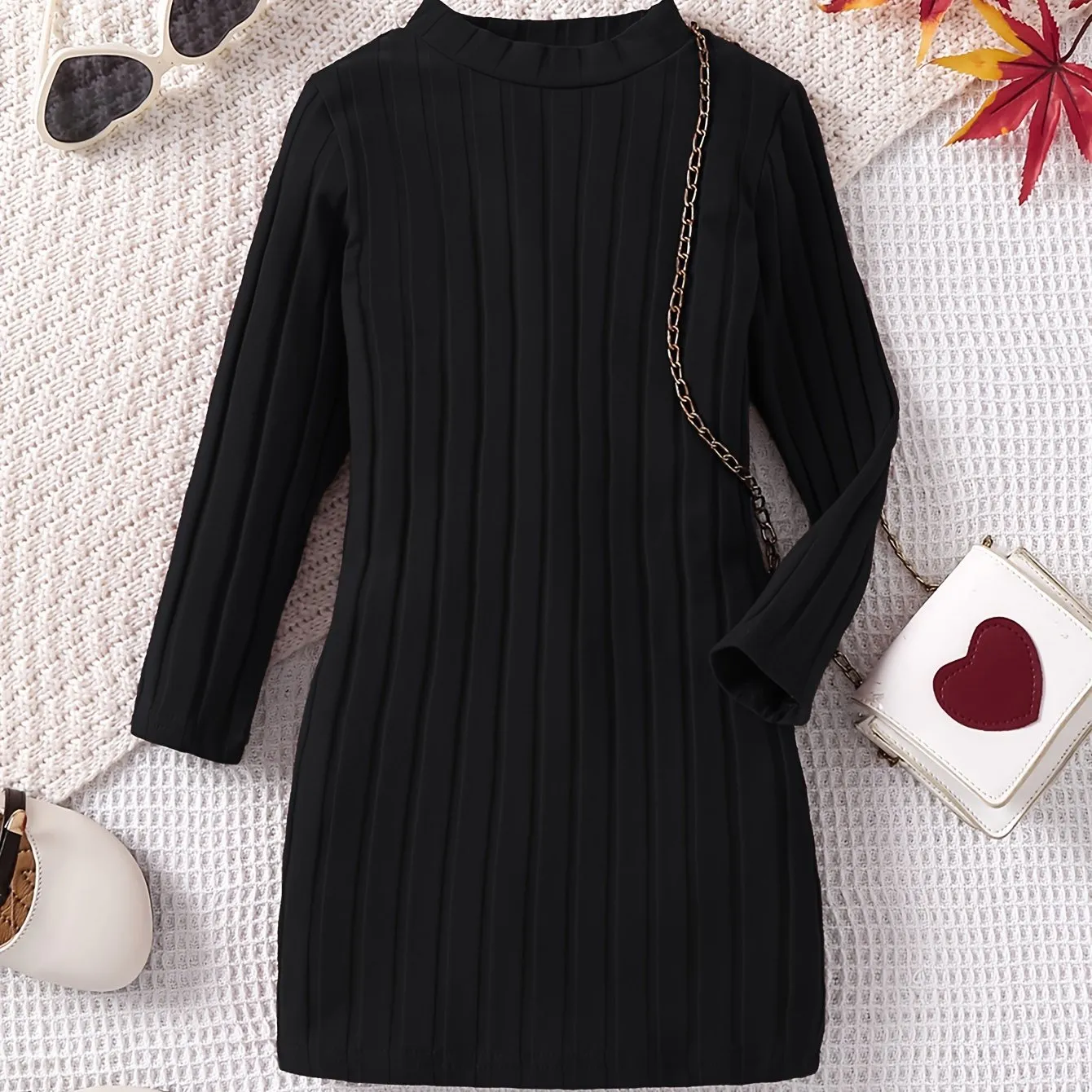 93% Cotton Elegant Ribbed Knit Long Sleeve Dress for Girls - Soft, Warm, and Breathable Fabric - Perfect for Fall, Winter, and Christmas Gift Ideas