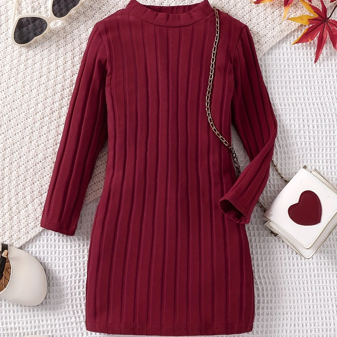 93% Cotton Elegant Ribbed Knit Long Sleeve Dress for Girls - Soft, Warm, and Breathable Fabric - Perfect for Fall, Winter, and Christmas Gift Ideas