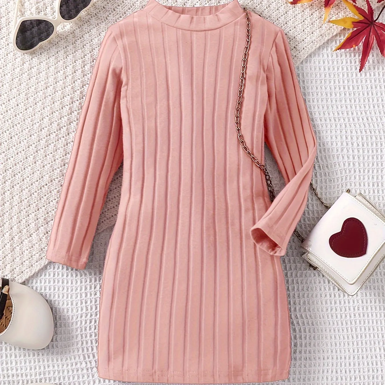 93% Cotton Elegant Ribbed Knit Long Sleeve Dress for Girls - Soft, Warm, and Breathable Fabric - Perfect for Fall, Winter, and Christmas Gift Ideas