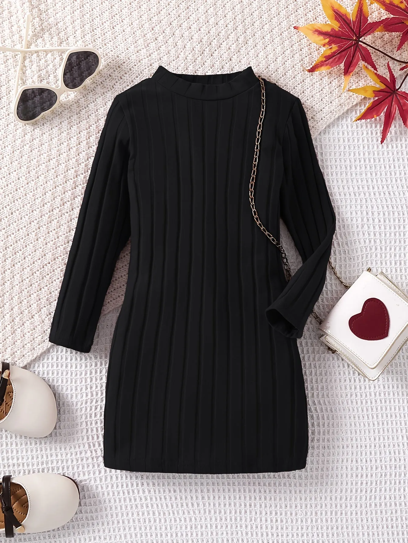 93% Cotton Elegant Ribbed Knit Long Sleeve Dress for Girls - Soft, Warm, and Breathable Fabric - Perfect for Fall, Winter, and Christmas Gift Ideas