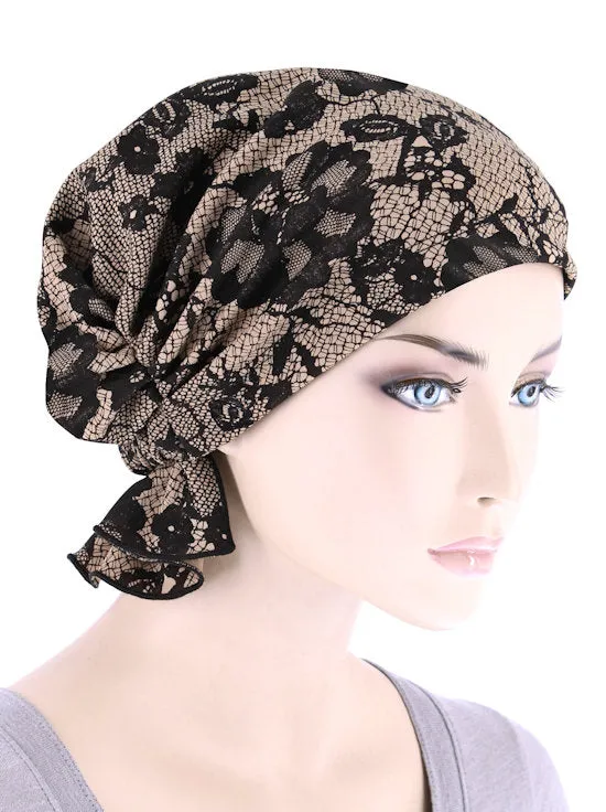 ABBEY-693#The Abbey Cap in Beige Black Lace Print