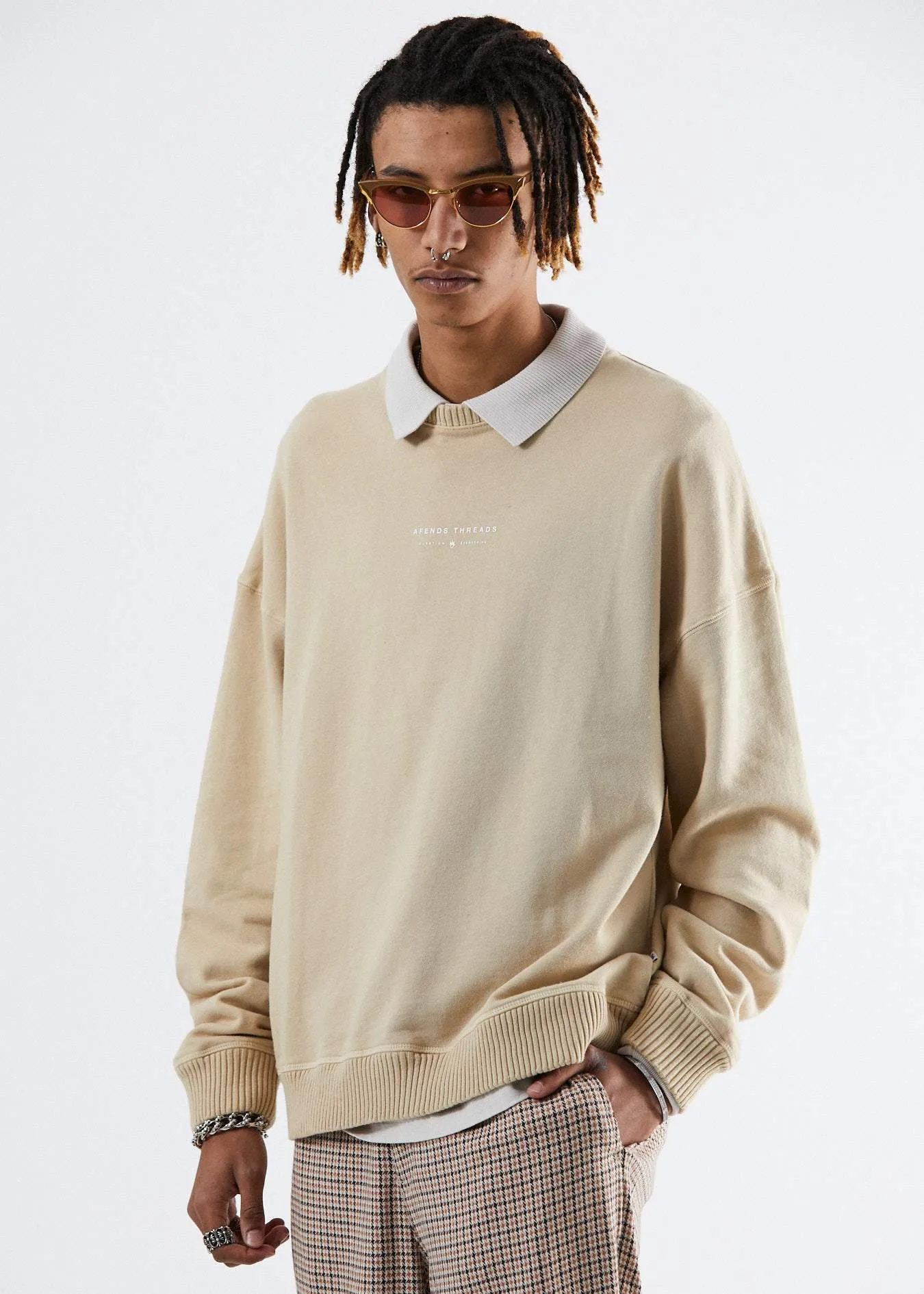 Afends Mens Kicked Out - Relaxed Crew Neck - Dirty Beige