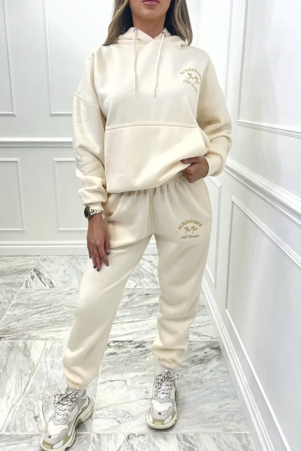 all access embroidered ecru hooded loungewear set