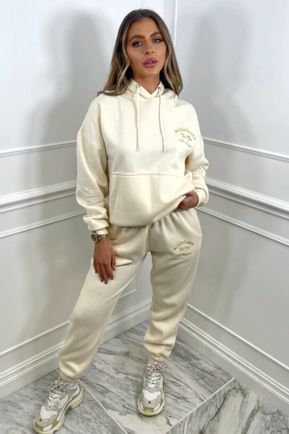 all access embroidered ecru hooded loungewear set