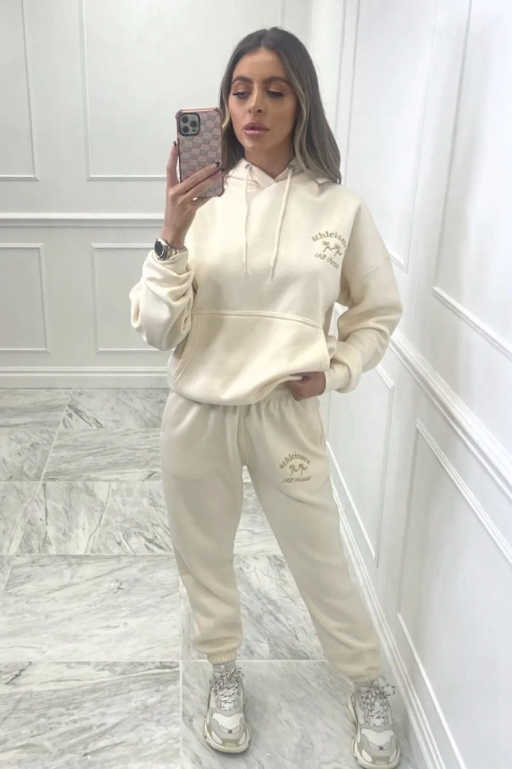 all access embroidered ecru hooded loungewear set