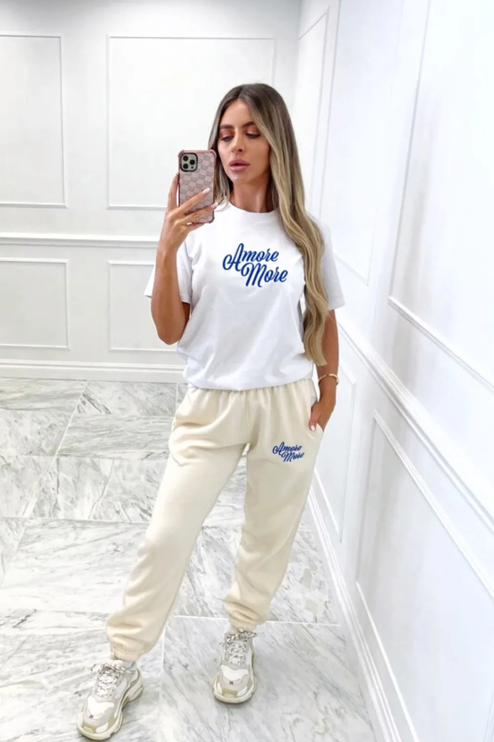 Amore more cream and white embroidered jogger co ord