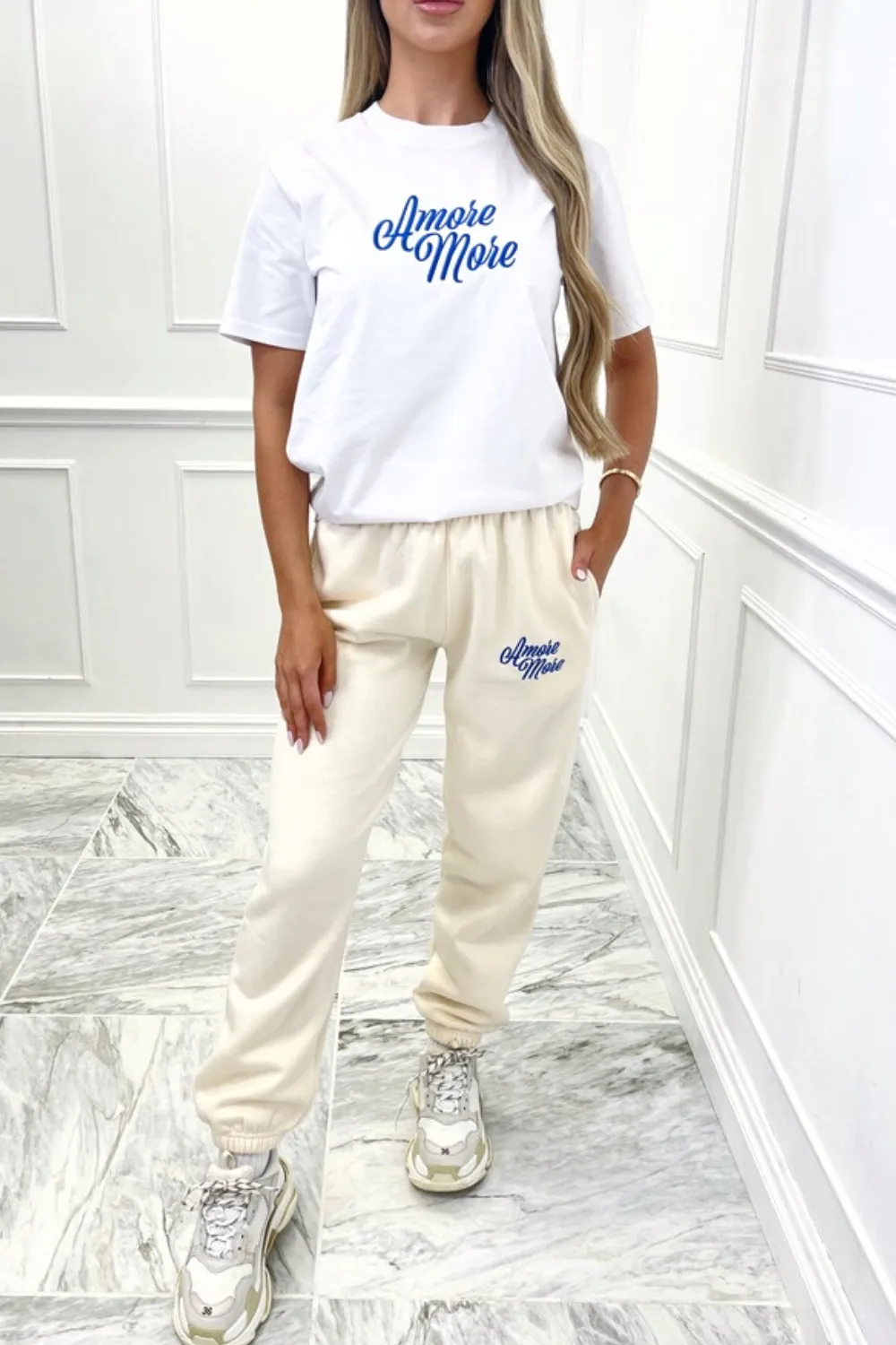 Amore more cream and white embroidered jogger co ord