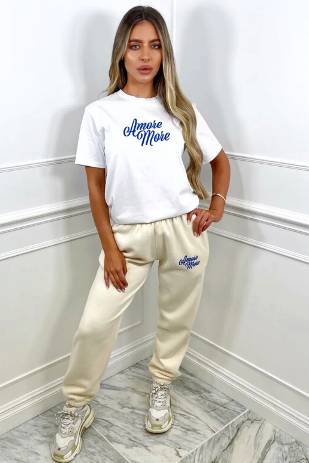 Amore more cream and white embroidered jogger co ord