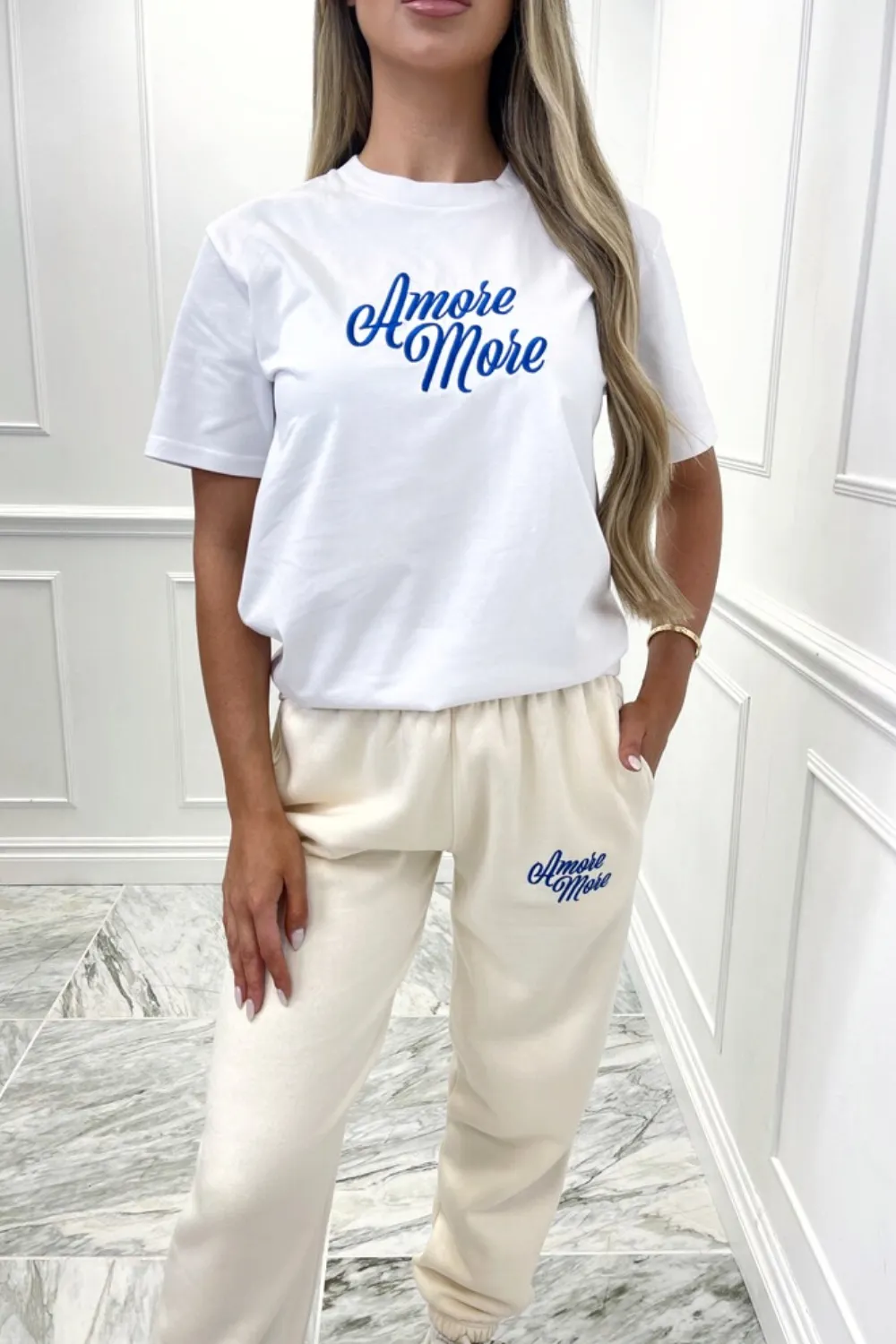 Amore more cream and white embroidered jogger co ord