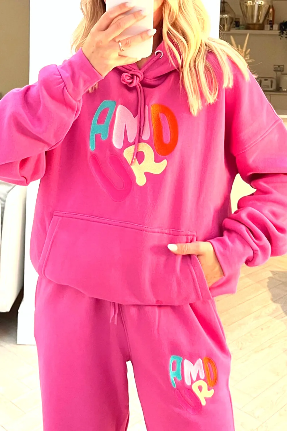 Amour hot pink embroidered hooded loungewear set