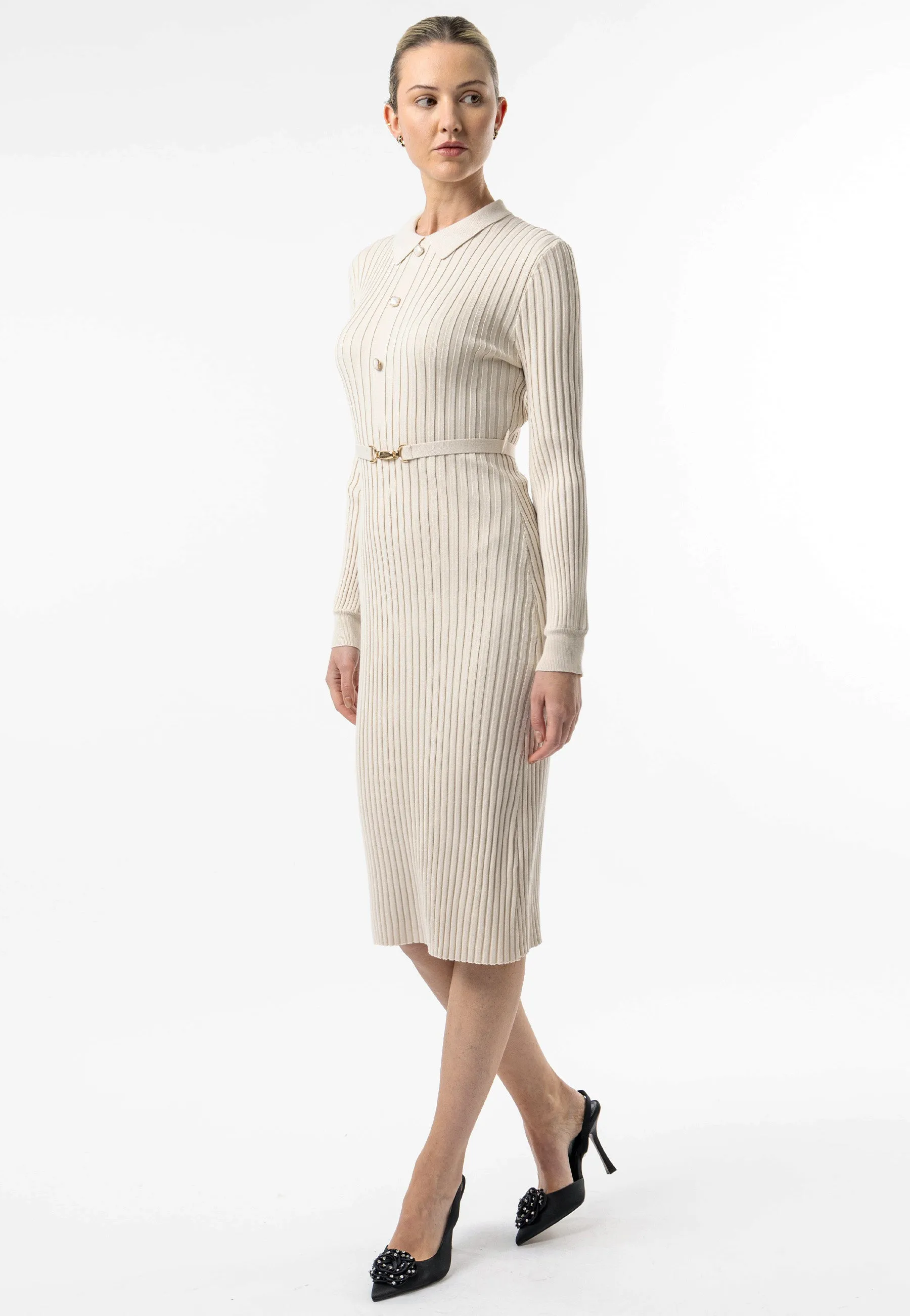 Angeleye Cream Long Sleeve Knit Shirt Dress With Belt