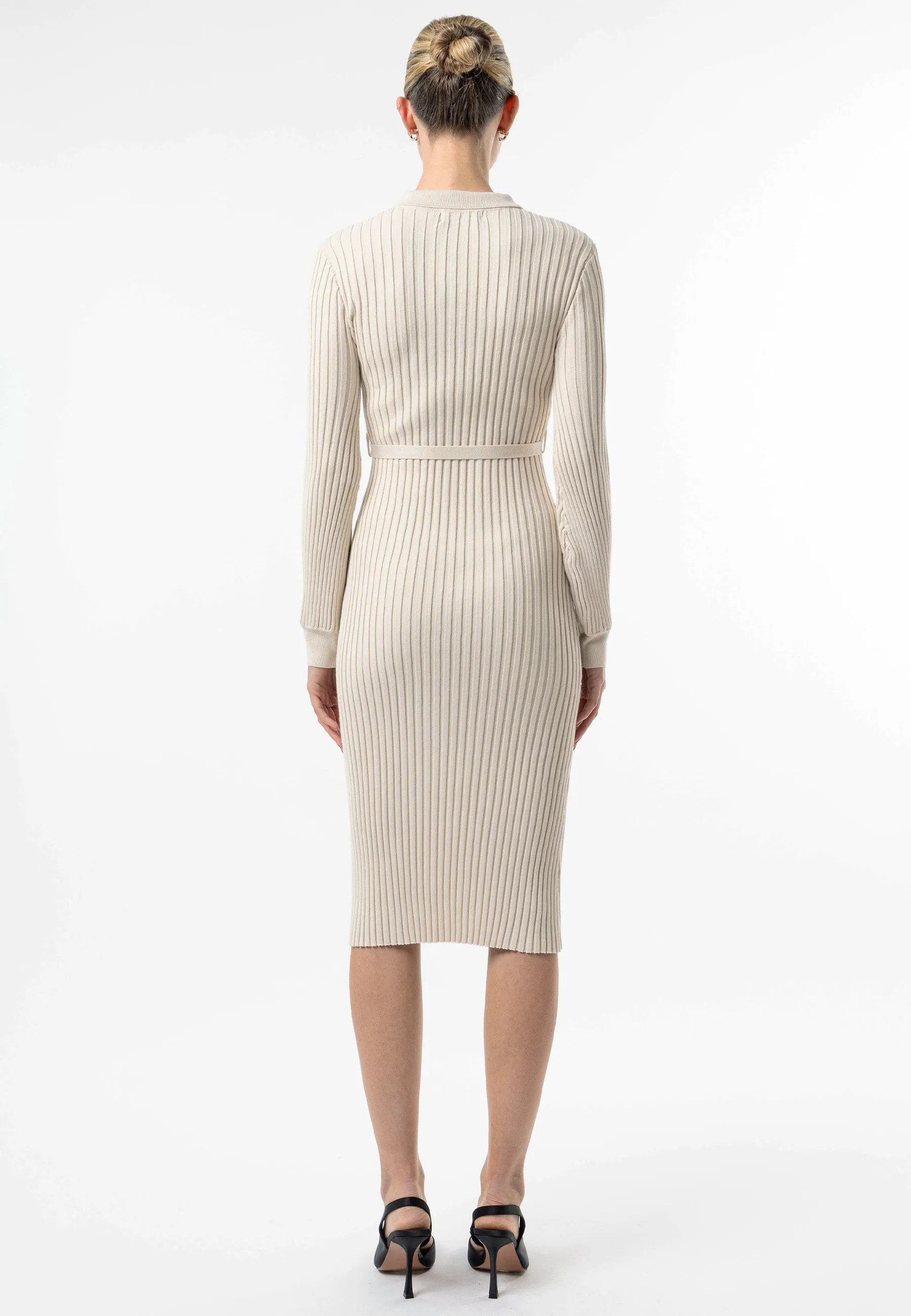 Angeleye Cream Long Sleeve Knit Shirt Dress With Belt