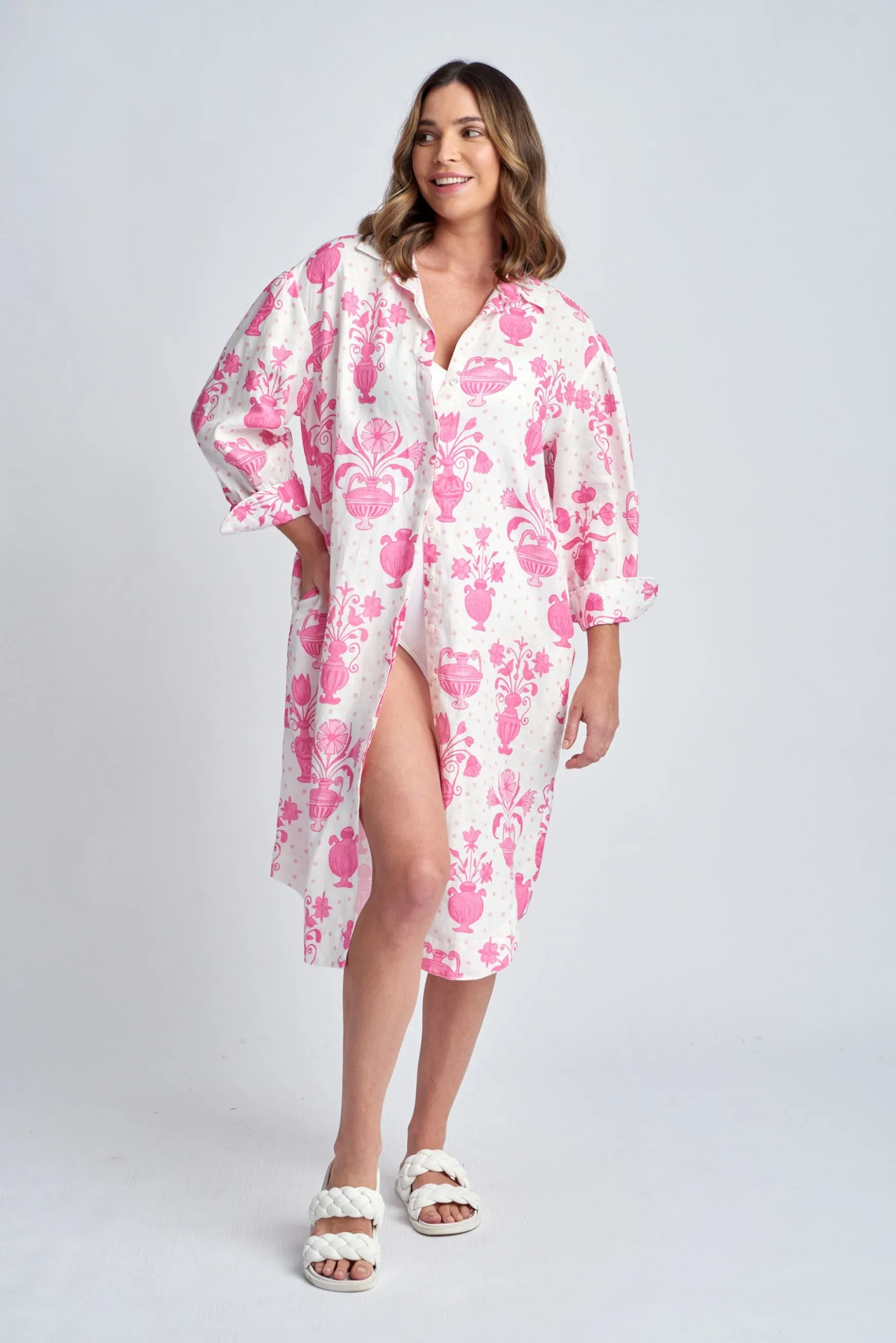 Aquadoor Relaxed Linen Beach Dress Pink Vases Print