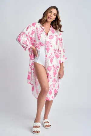 Aquadoor Relaxed Linen Beach Dress Pink Vases Print