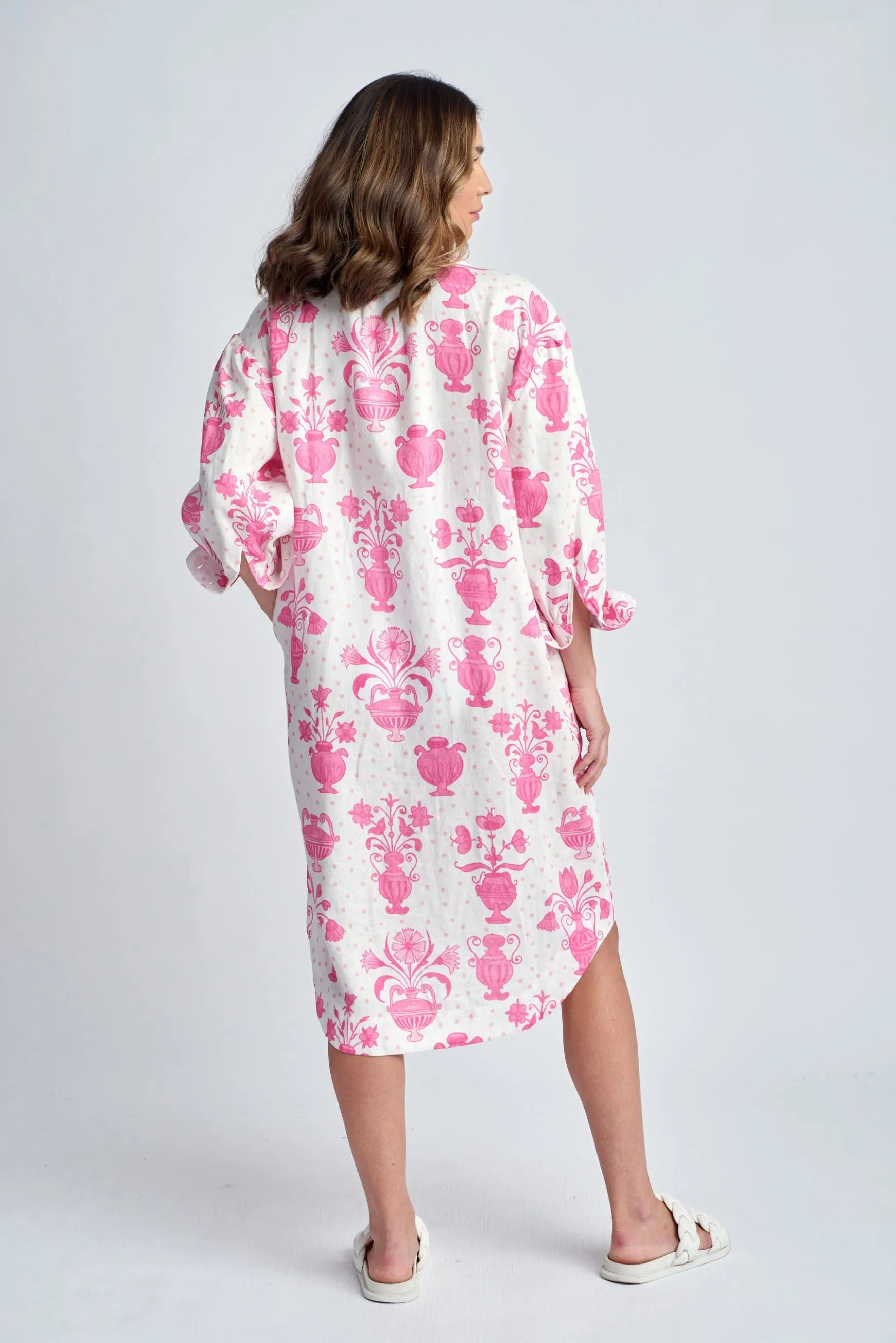 Aquadoor Relaxed Linen Beach Dress Pink Vases Print