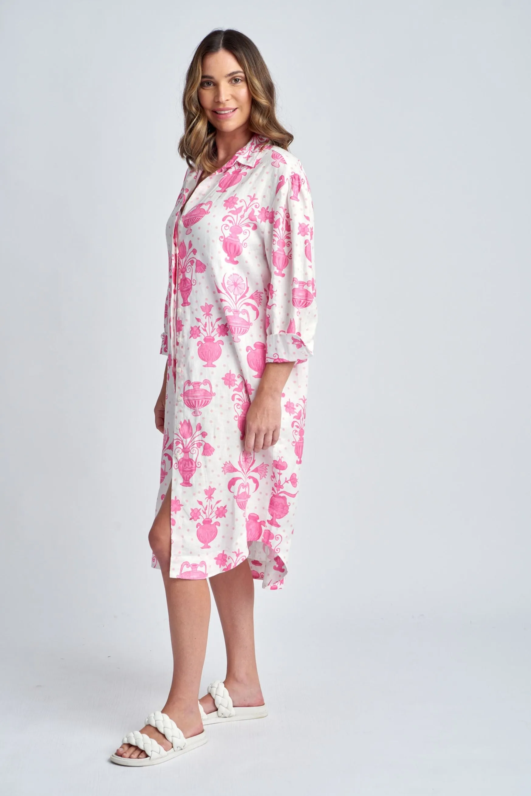 Aquadoor Relaxed Linen Beach Dress Pink Vases Print