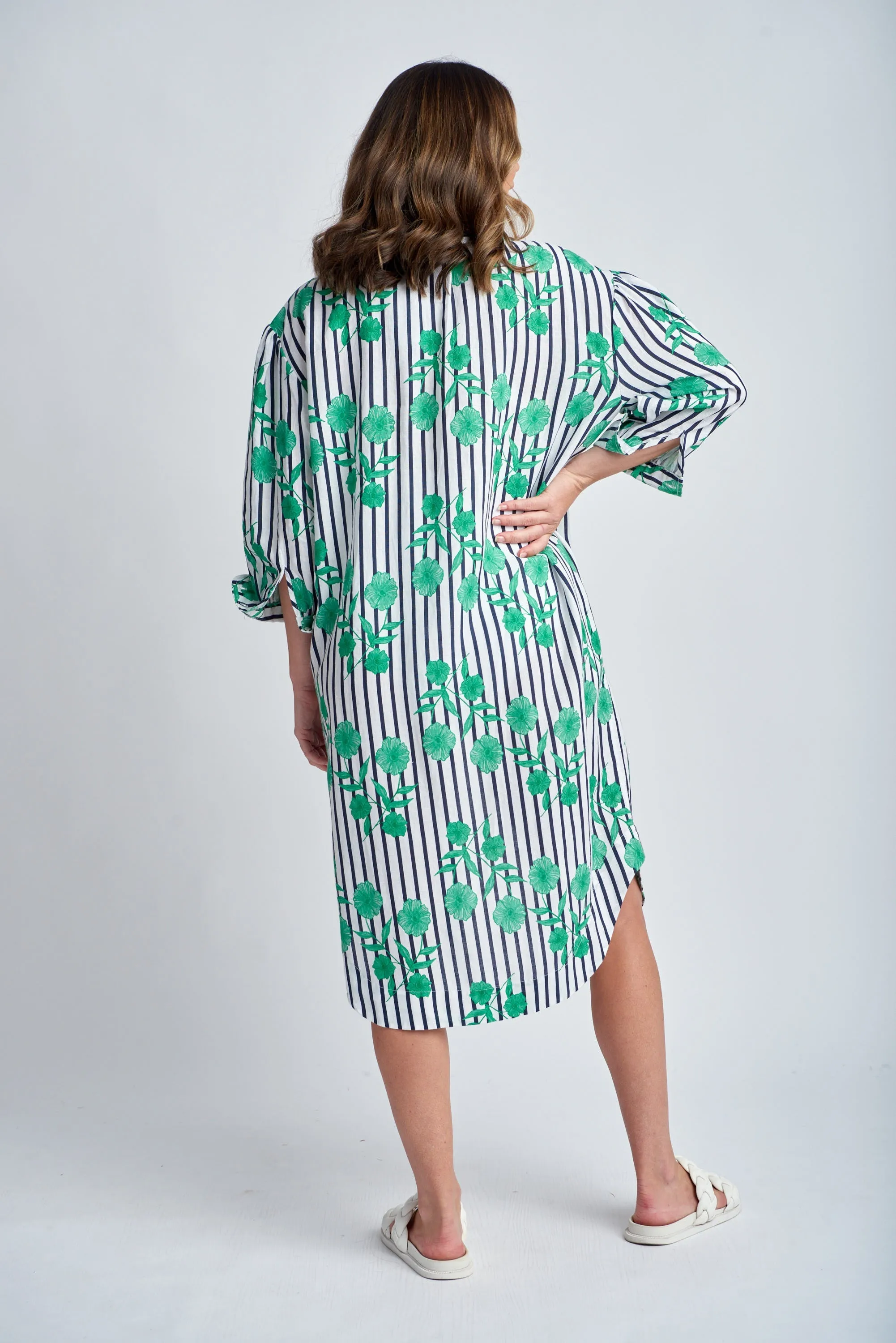 Aquadoor Relaxed Stripe Floral Linen Beach Dress Green/Navy