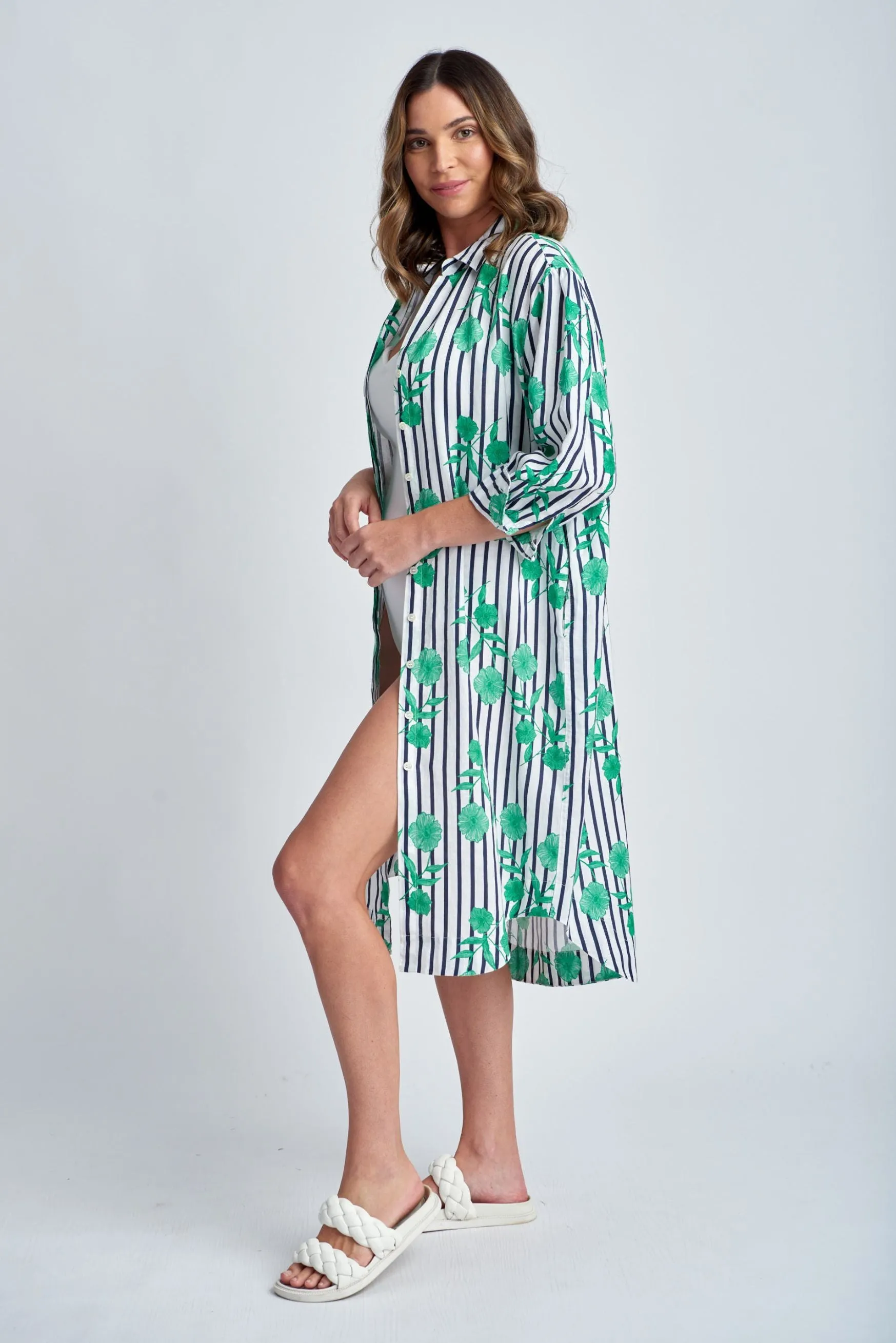 Aquadoor Relaxed Stripe Floral Linen Beach Dress Green/Navy