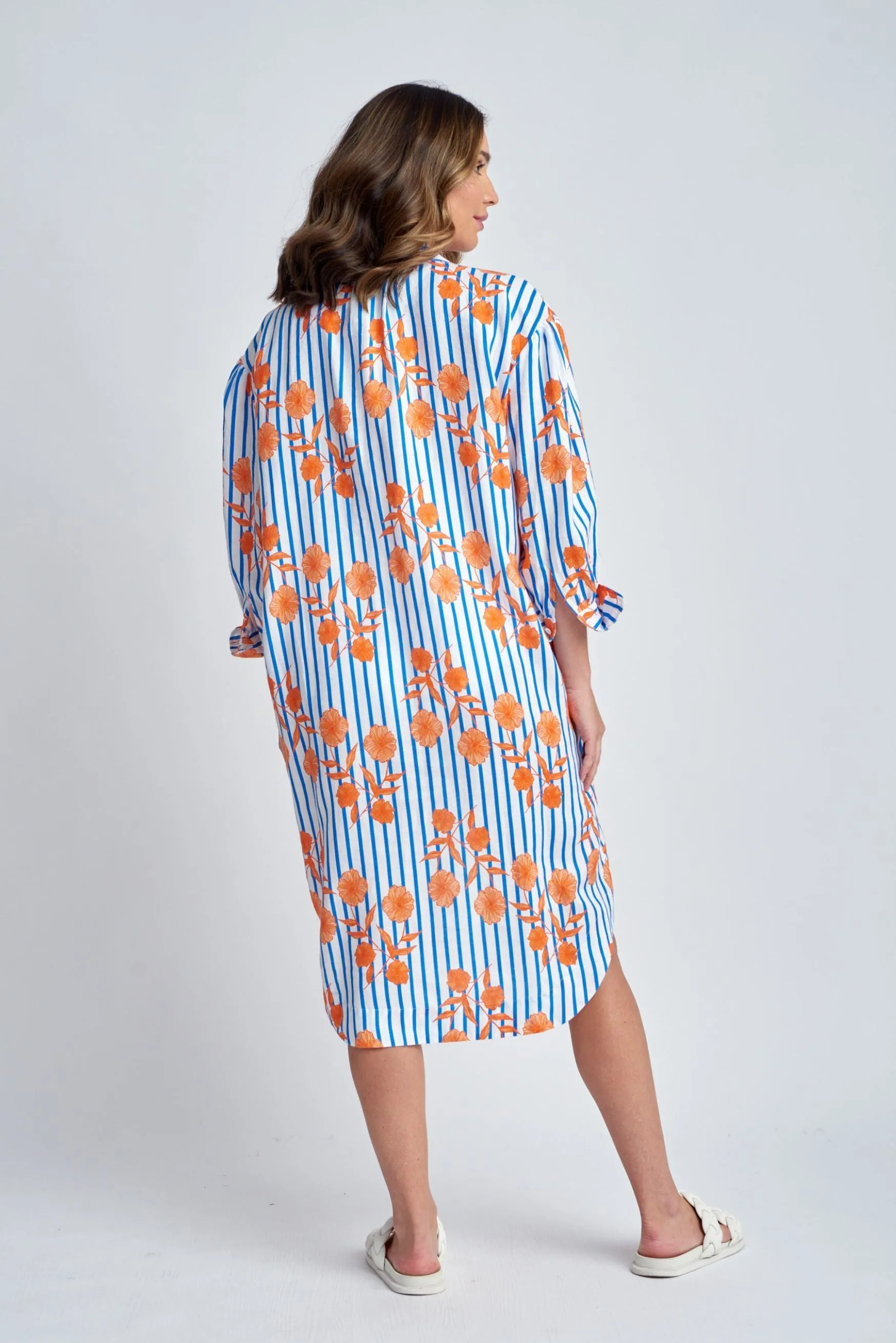 Aquadoor Relaxed Stripe Floral Linen Beach Dress Orange/Blue