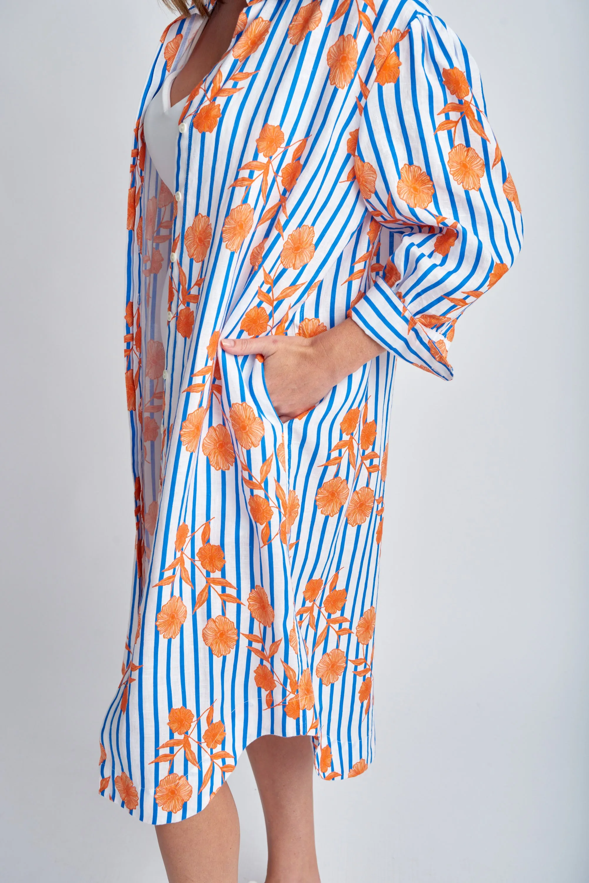 Aquadoor Relaxed Stripe Floral Linen Beach Dress Orange/Blue