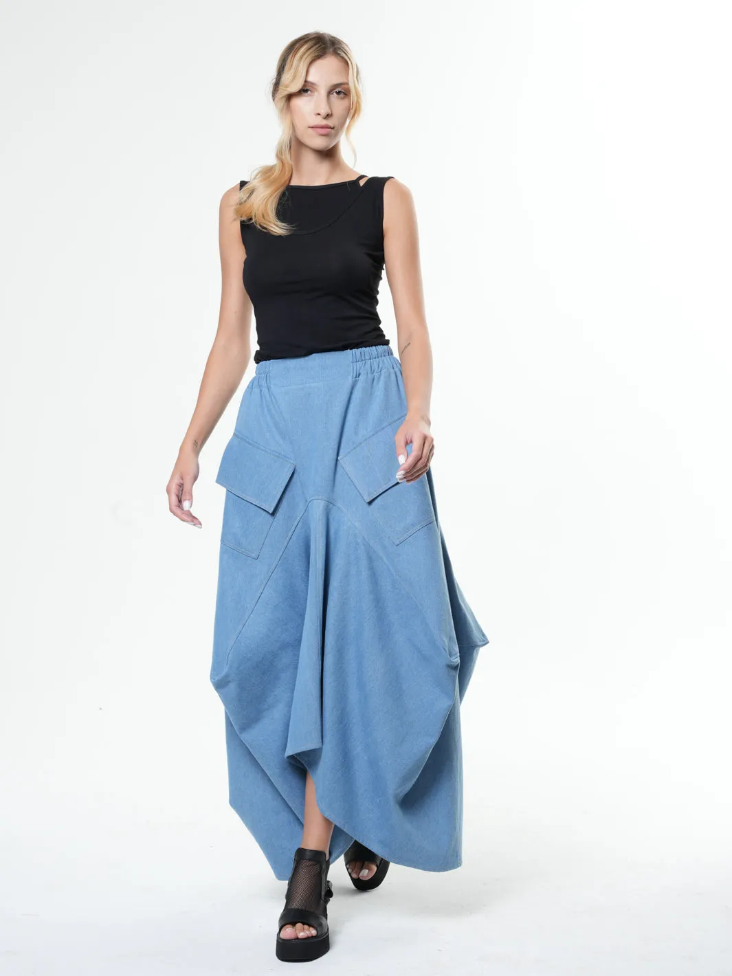 Asymmetrical Long Light Denim Skirt