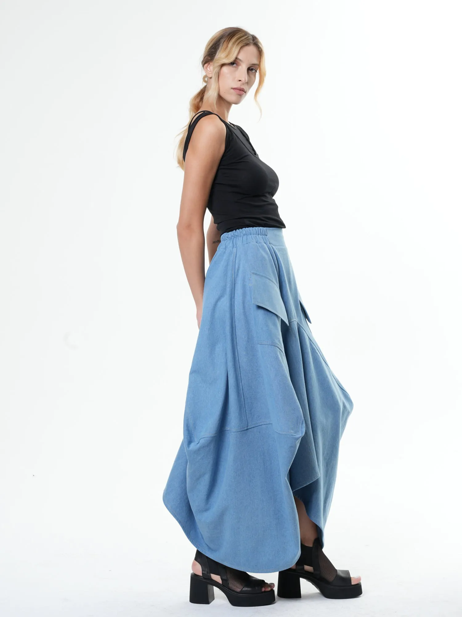 Asymmetrical Long Light Denim Skirt