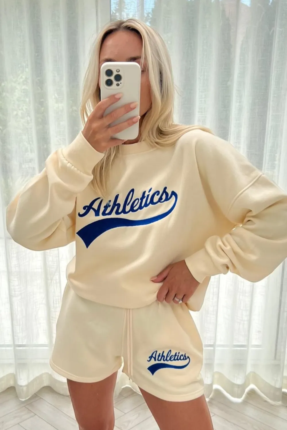 athletics blue embroidered ecru sweater short loungewear set