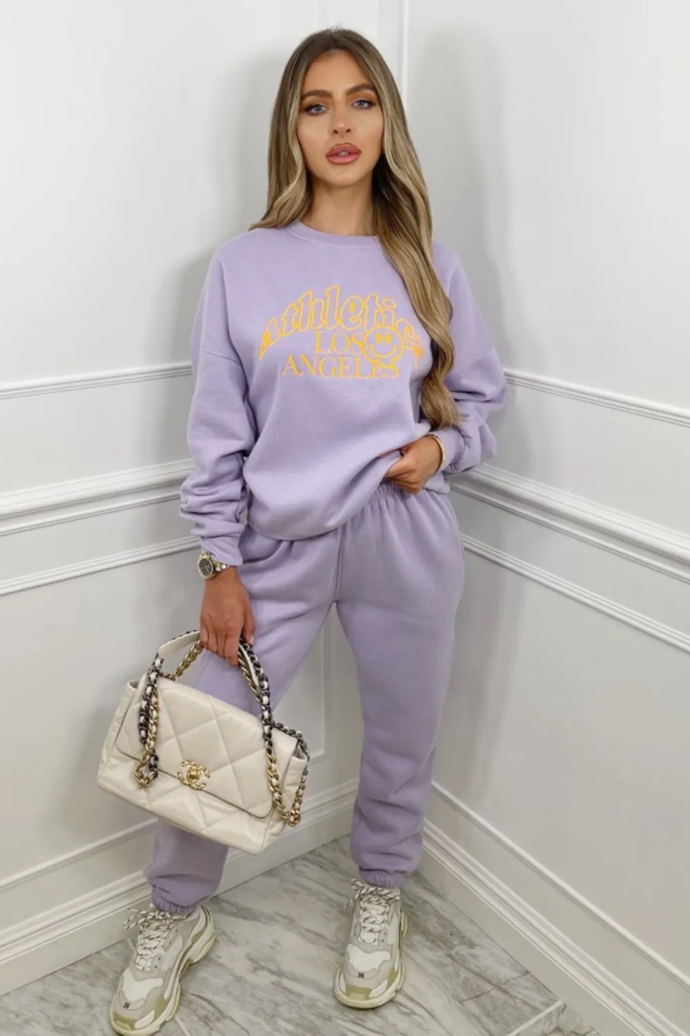 Athletics LA smiley lilac embroidered sweater loungewear set