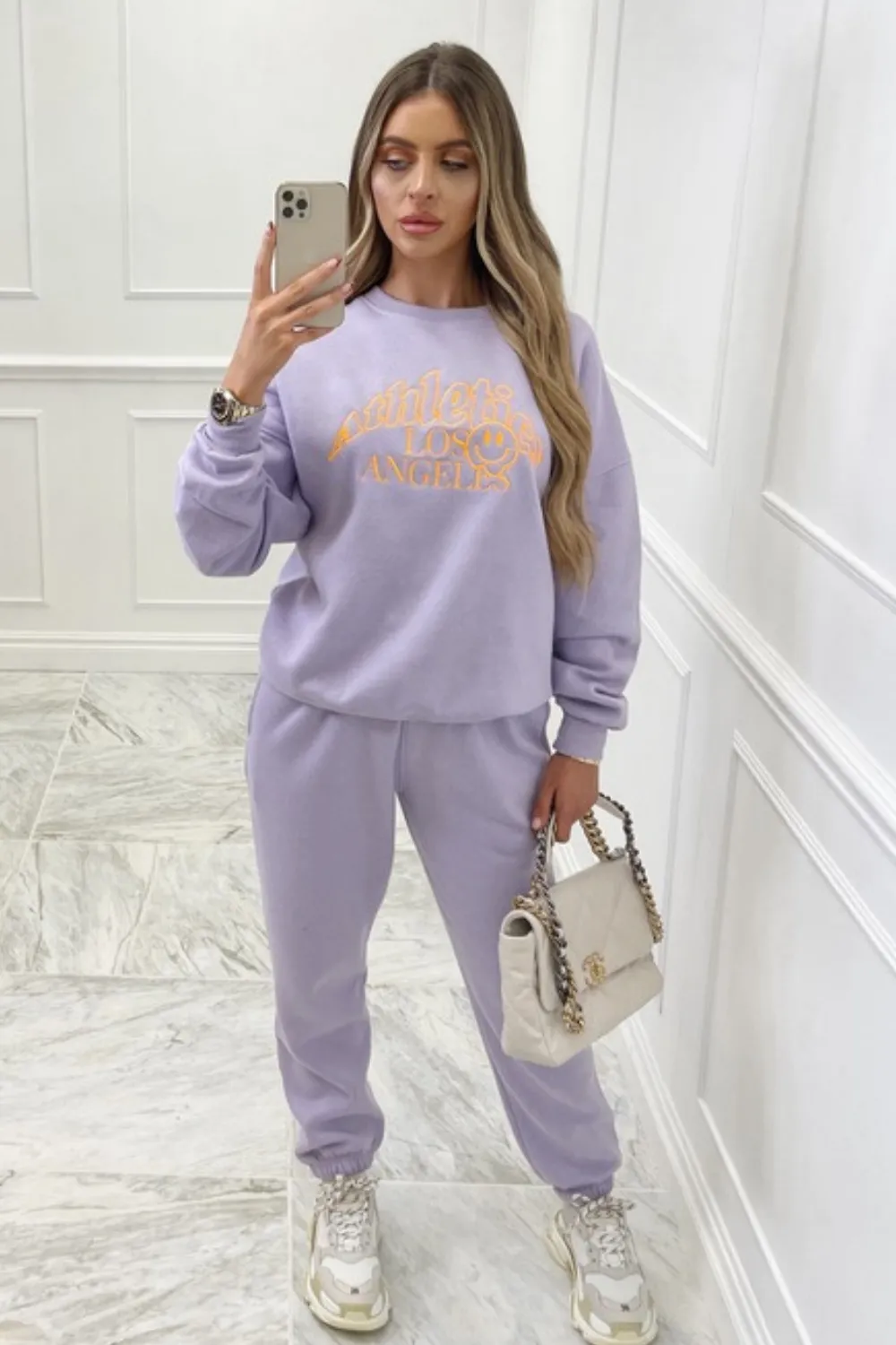 Athletics LA smiley lilac embroidered sweater loungewear set