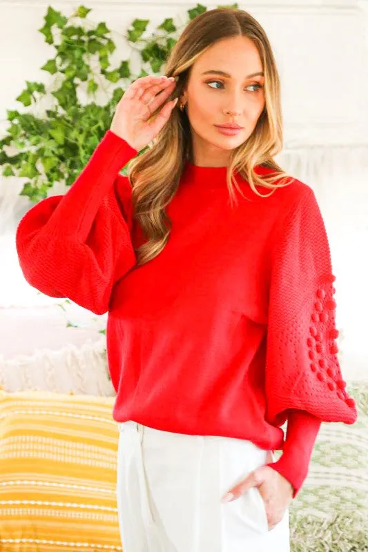 Audrey Pom Detail Puff Sleeve Sweater