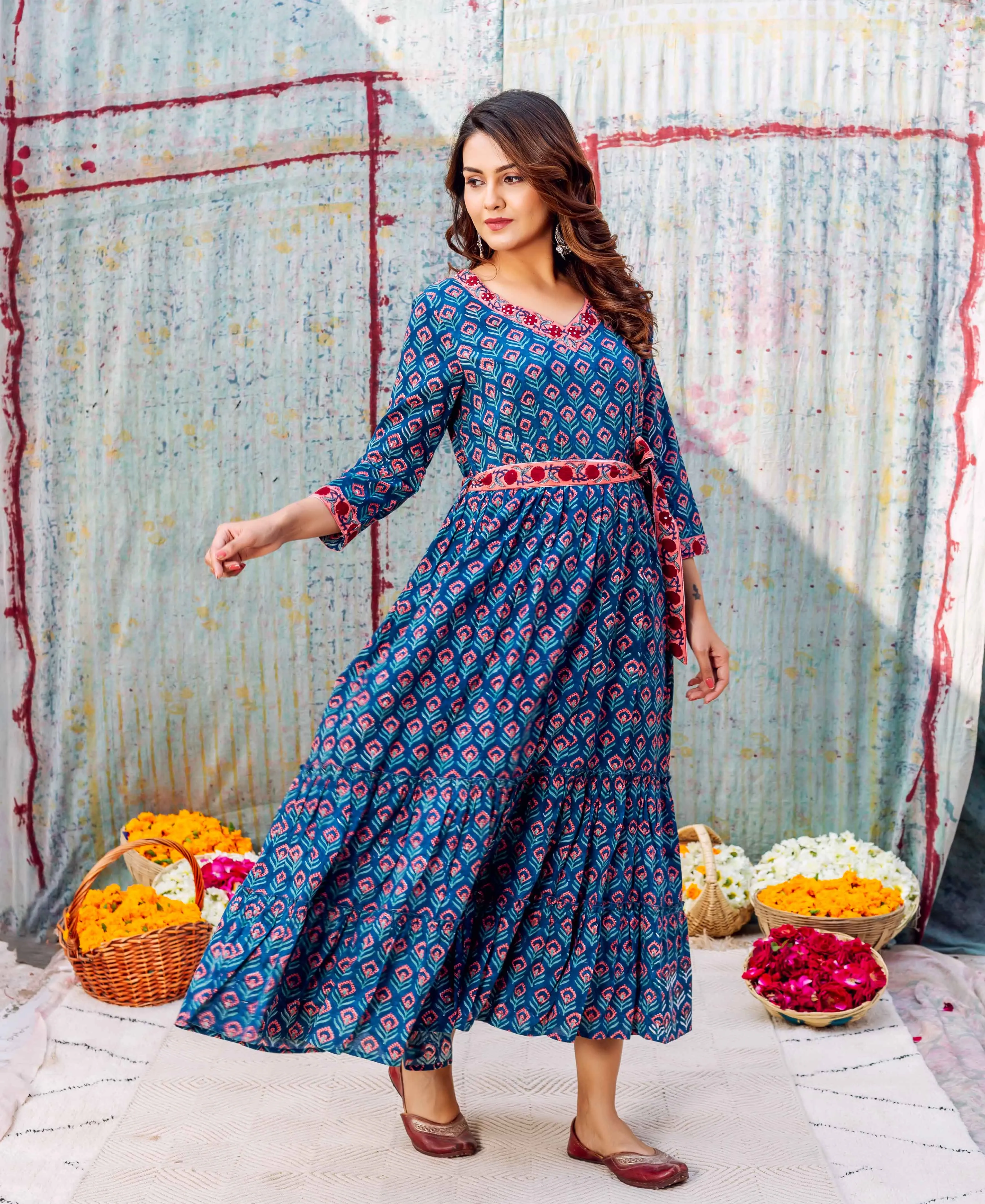 Azure Elegance Full-Length Hand Block Printed Dress