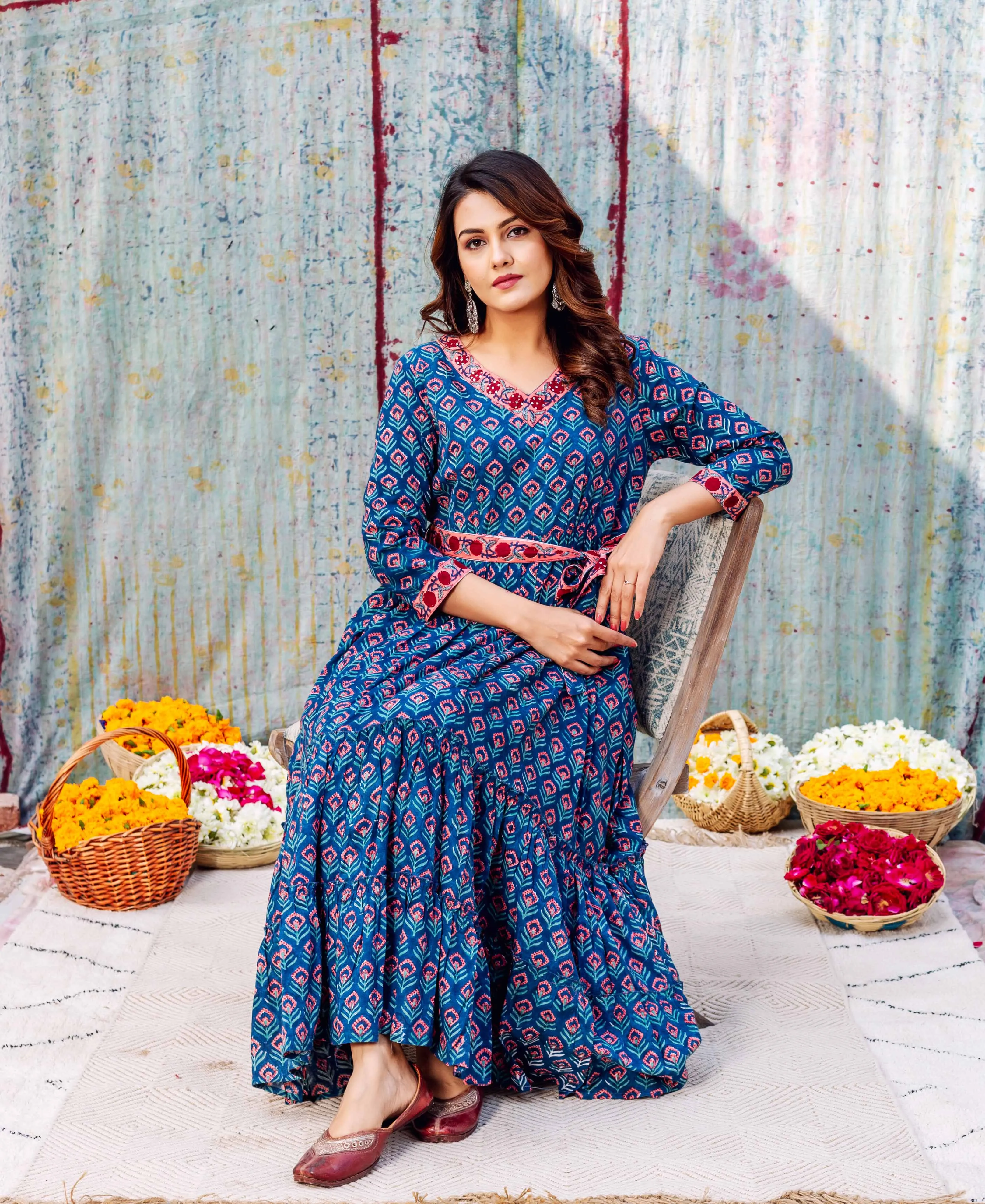 Azure Elegance Full-Length Hand Block Printed Dress