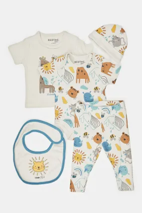 Babies Beige And White Printed Gift Set (5 Piece)