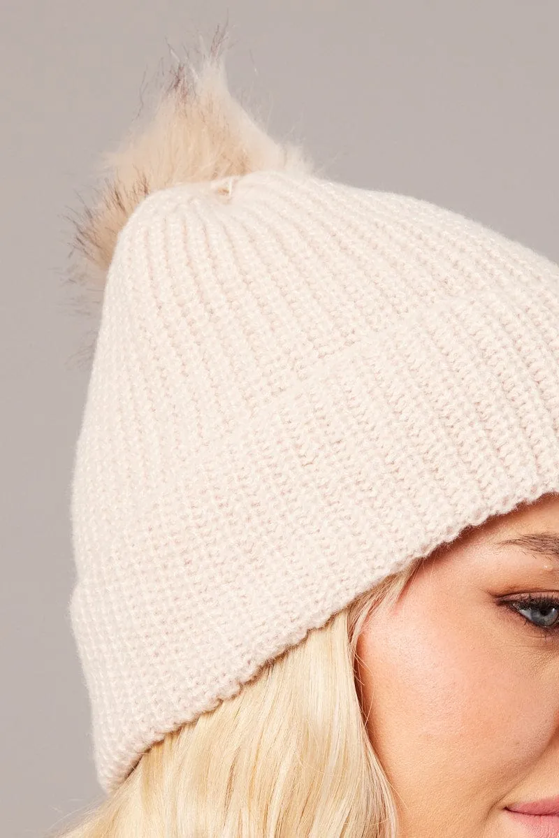 Beige Faux Fur Pom Pom Beanie