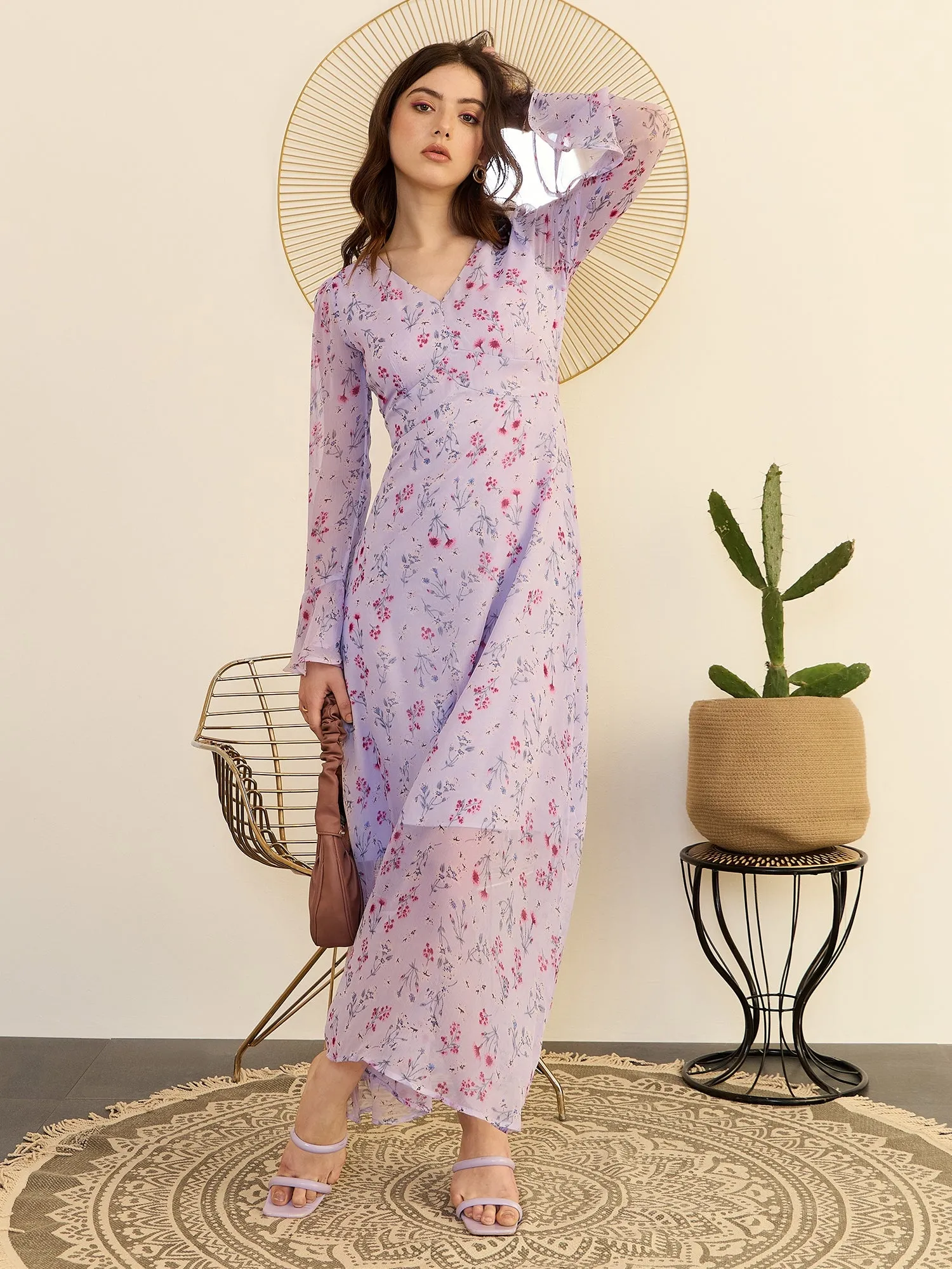 Berrylush Women Purple Floral Print V-Neck A-Line Maxi Dress