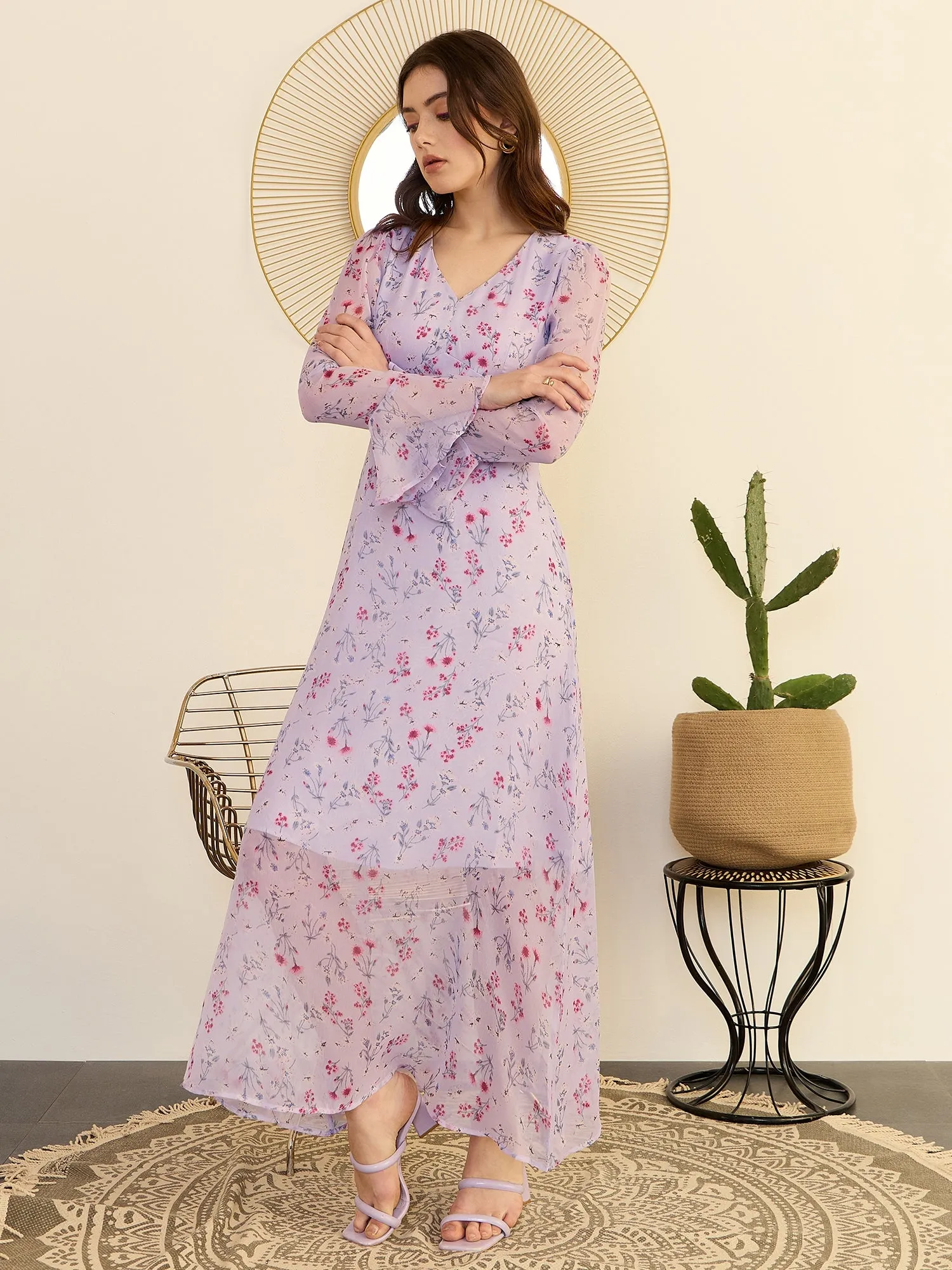 Berrylush Women Purple Floral Print V-Neck A-Line Maxi Dress