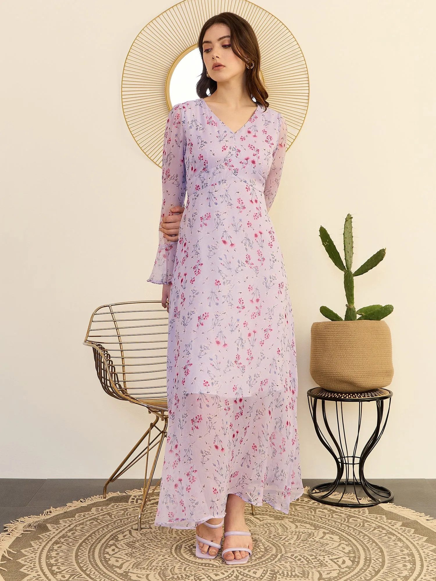 Berrylush Women Purple Floral Print V-Neck A-Line Maxi Dress