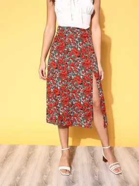 Berrylush Women White & Red Floral Printed Crepe Thigh-High Slit Flared A-Line Midi Skirt