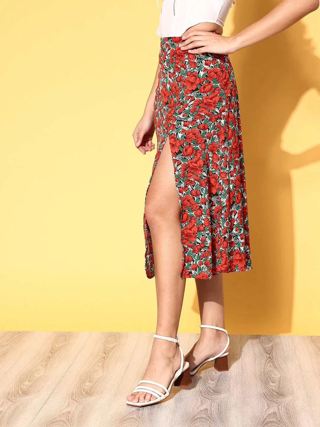 Berrylush Women White & Red Floral Printed Crepe Thigh-High Slit Flared A-Line Midi Skirt