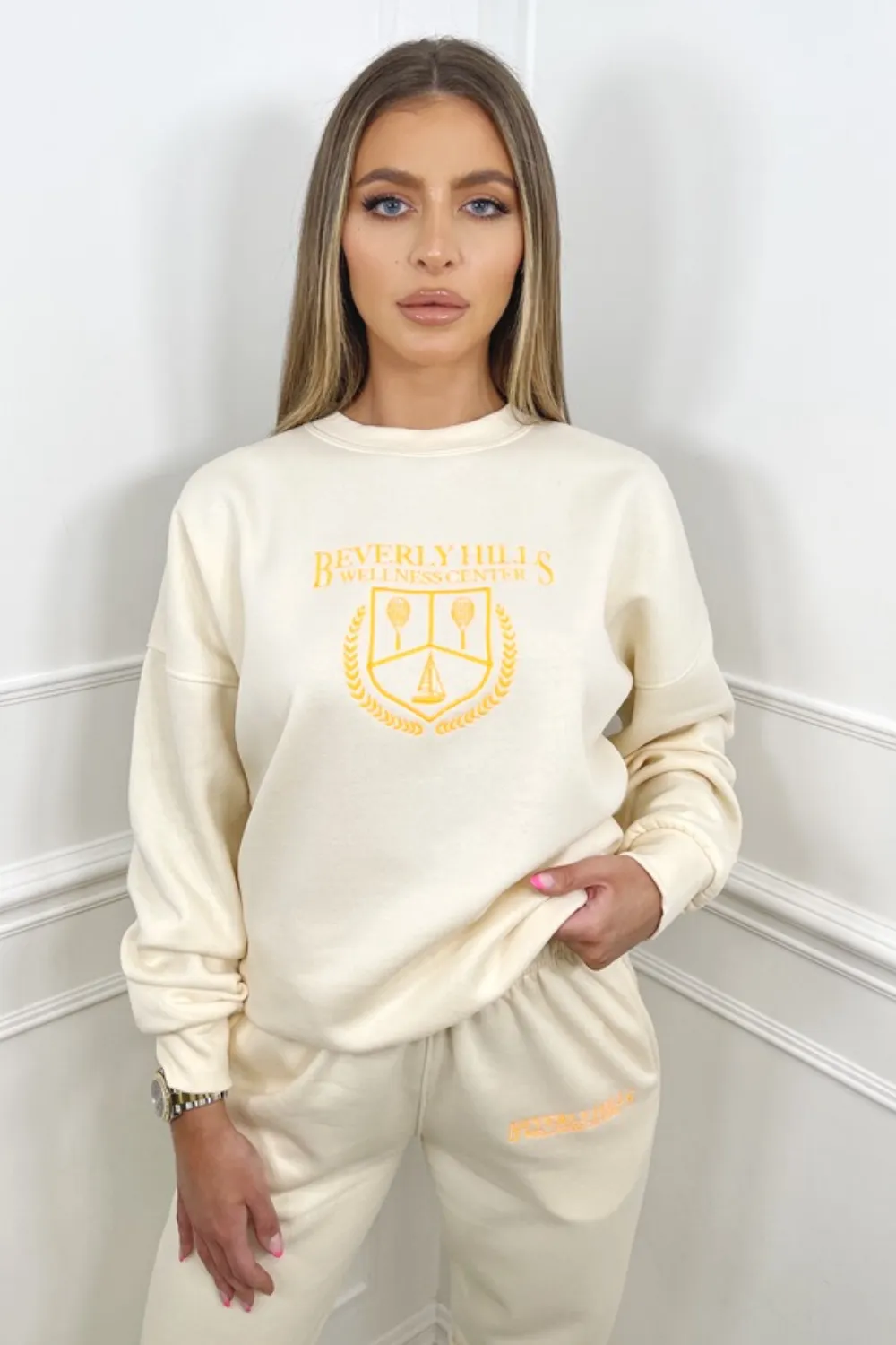 Beverly Hills ecru embroidered sweater loungewear set