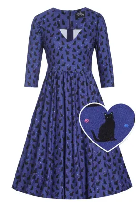 Billie Black Cat Flared Dress in Purple