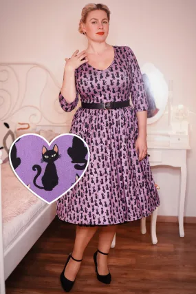 Billie Long Sleeved Purple Black Cat Dress