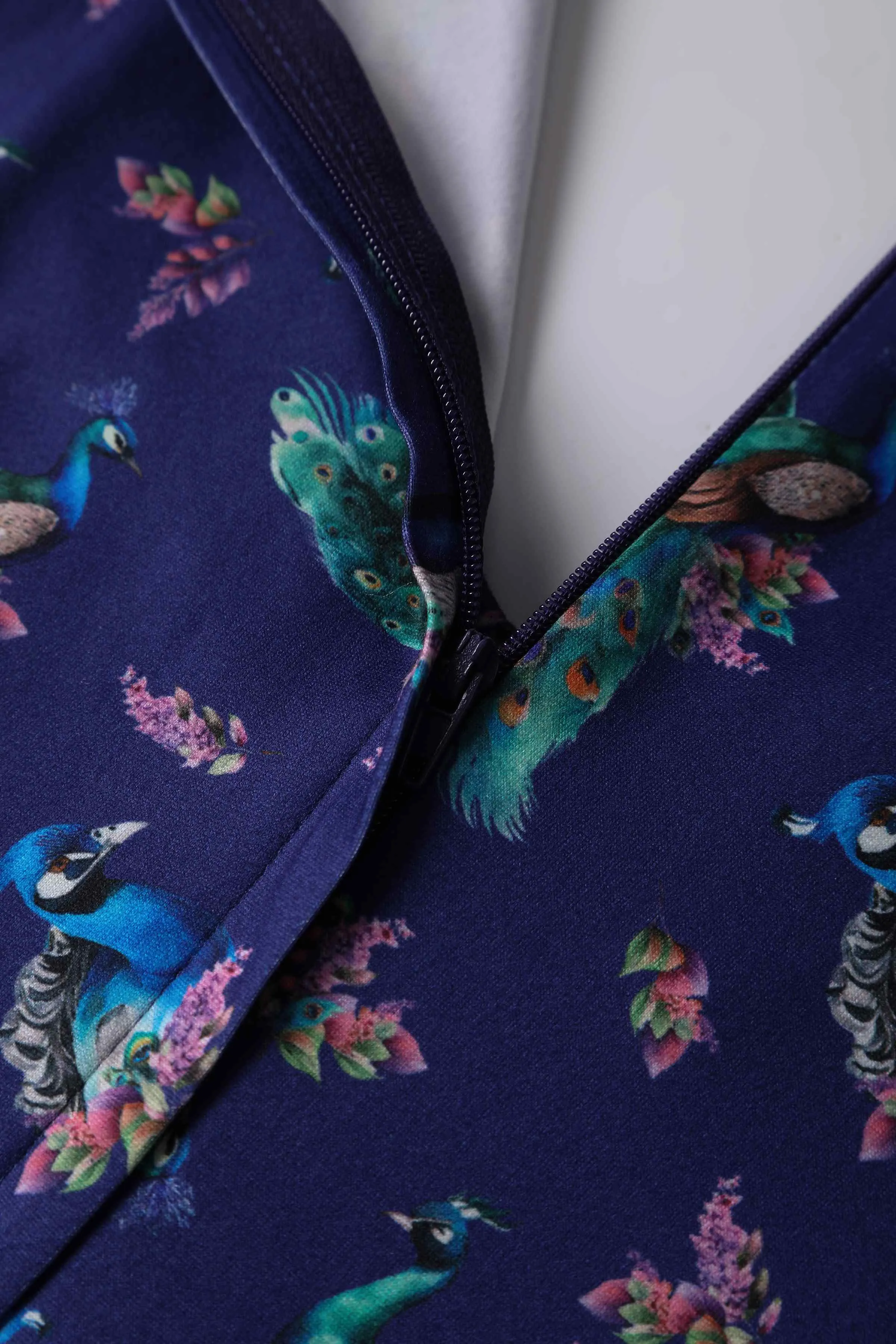 Billie Purple Dress in Peacock Birds Floral Print