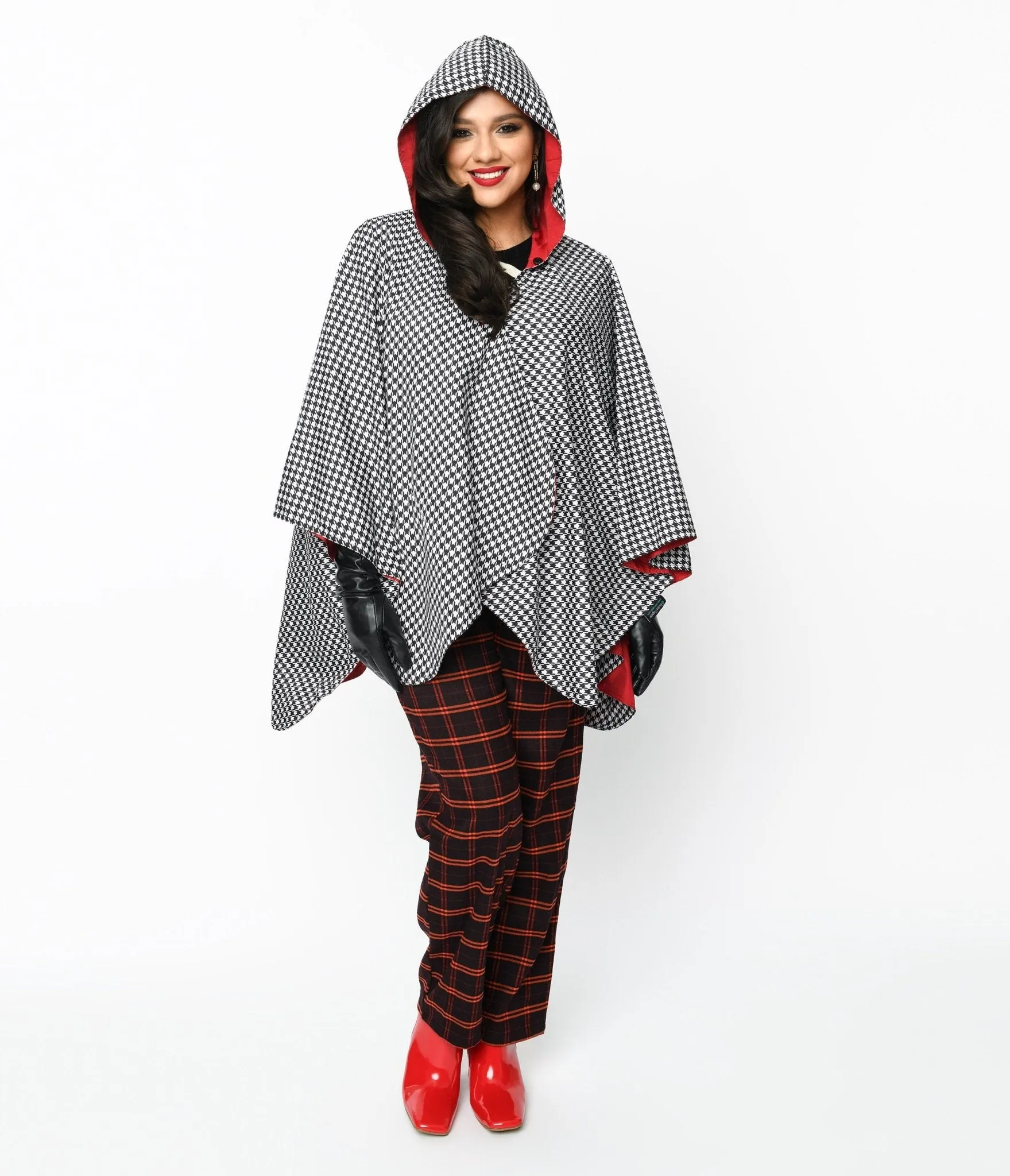 Black & White Houndstooth Hooded Cape Coat