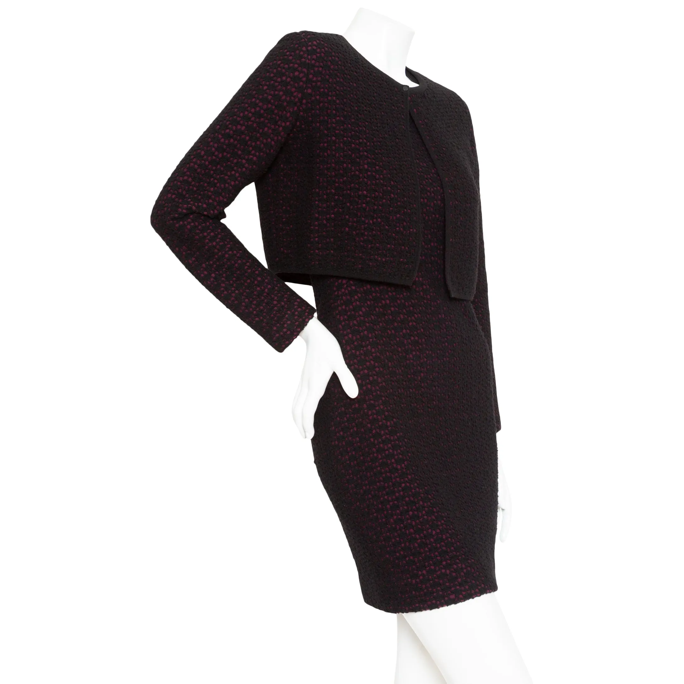 Black and Purple Wool-Blend Knit Dress and Cardigan Two-Piece Set